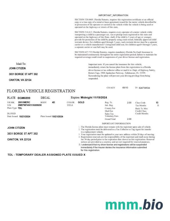 USA Floryda szablon rejestracji pojazdu w formatach Word i PDF